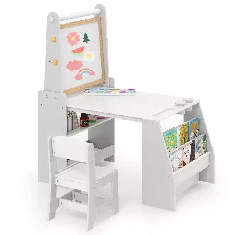 Kids Art Table and Chair Set with Easel & Chair Whiteboard & Chalkboard Paper Roll