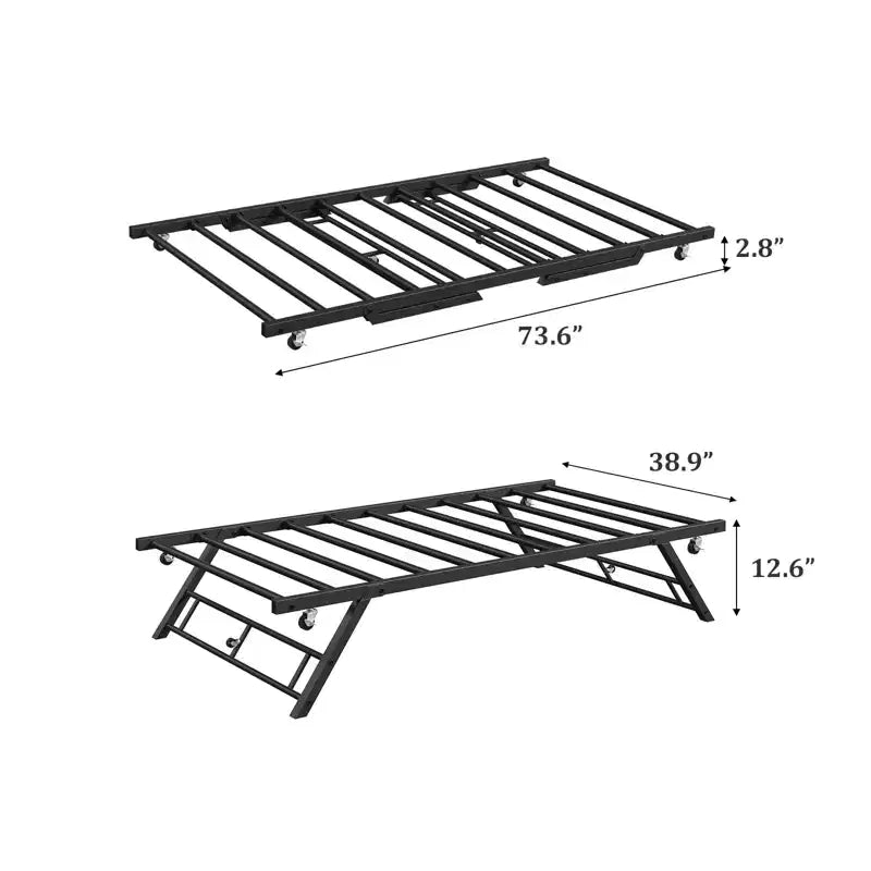 Twin Trundle Bed Frame Pop Up Metal Platform with Lockable Casters, Foldable Design for Guest Rooms & Sleepovers