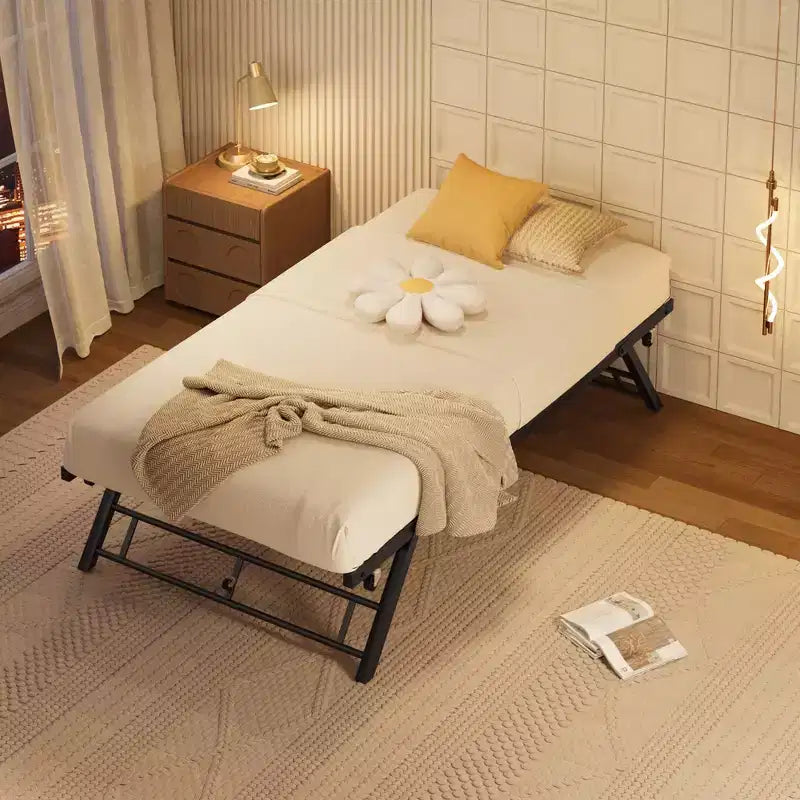 Struttura letto a rotelle doppia con piattaforma in metallo a scomparsa e ruote bloccabili, design pieghevole per camere degli ospiti e pigiama party