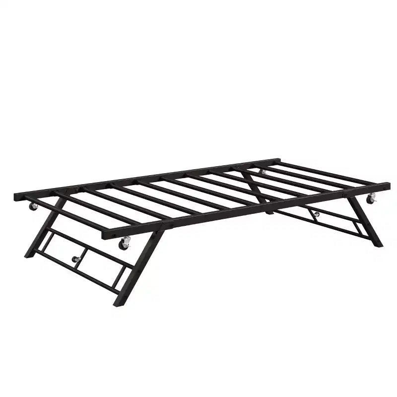 Twin Trundle Bed Frame Pop Up Metal Platform with Lockable Casters, Foldable Design for Guest Rooms & Sleepovers