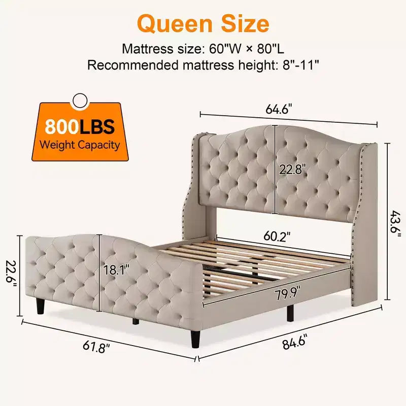 Letto matrimoniale imbottito in velluto con testiera a slitta e supporto a doghe in legno, non necessita di rete, letto imbottito beige