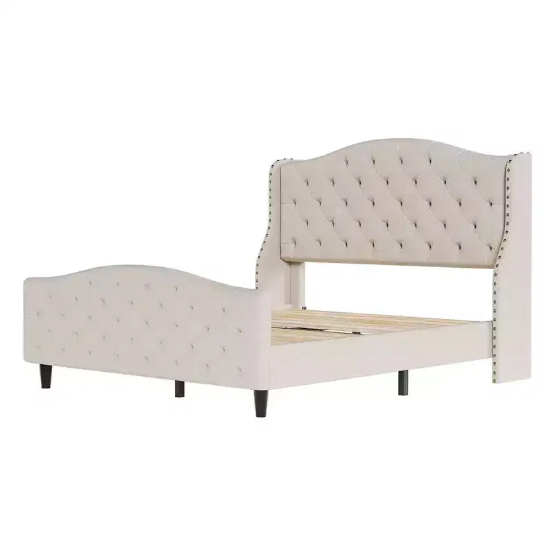 Letto matrimoniale imbottito in velluto con testiera a slitta e supporto a doghe in legno, non necessita di rete, letto imbottito beige