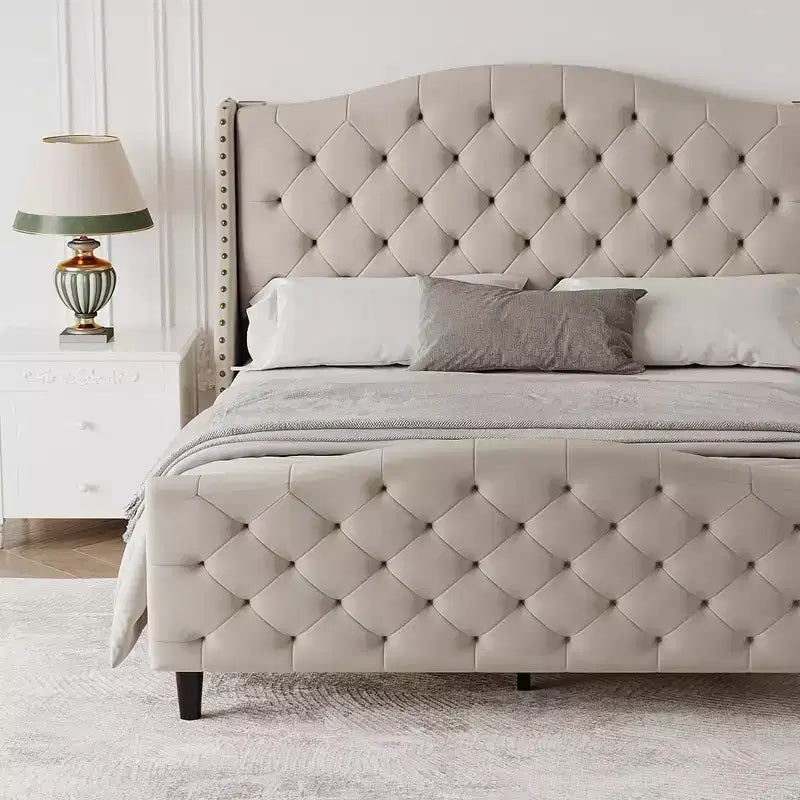 Queen Size Velvet Tufted Platform Bed Frame with Wingback Headboard Wood Slat Support, No Box Spring Needed, Beige Upholstered Bed
