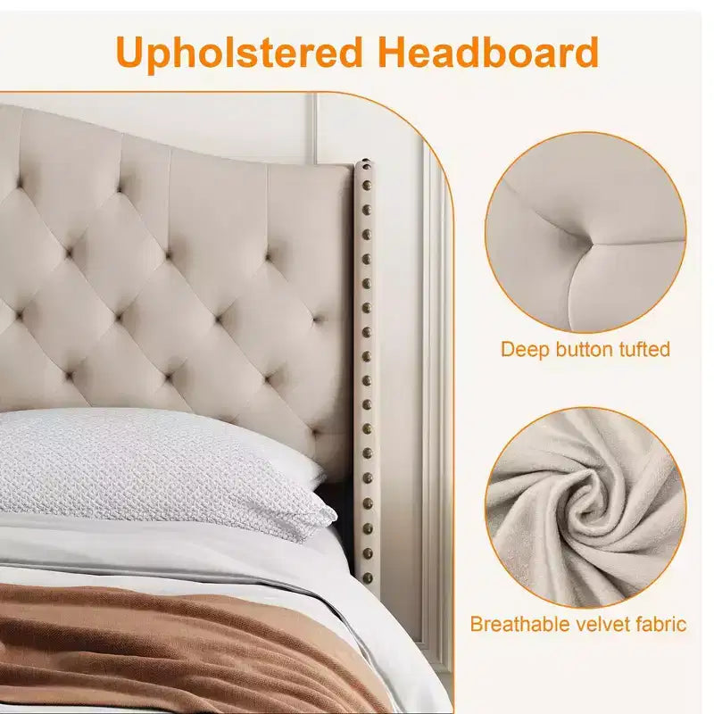 Queen Size Velvet Tufted Platform Bed Frame with Wingback Headboard Wood Slat Support, No Box Spring Needed, Beige Upholstered Bed