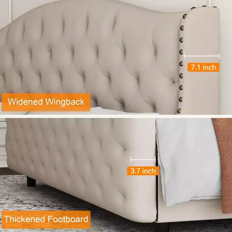 Letto matrimoniale imbottito in velluto con testiera a slitta e supporto a doghe in legno, non necessita di rete, letto imbottito beige