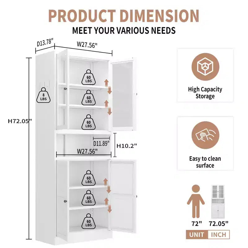 Armadio dispensa da cucina autoportante da 61", mobile contenitore regolabile con 4 ripiani, credenza in metallo resistente per sala da pranzo/soggiorno