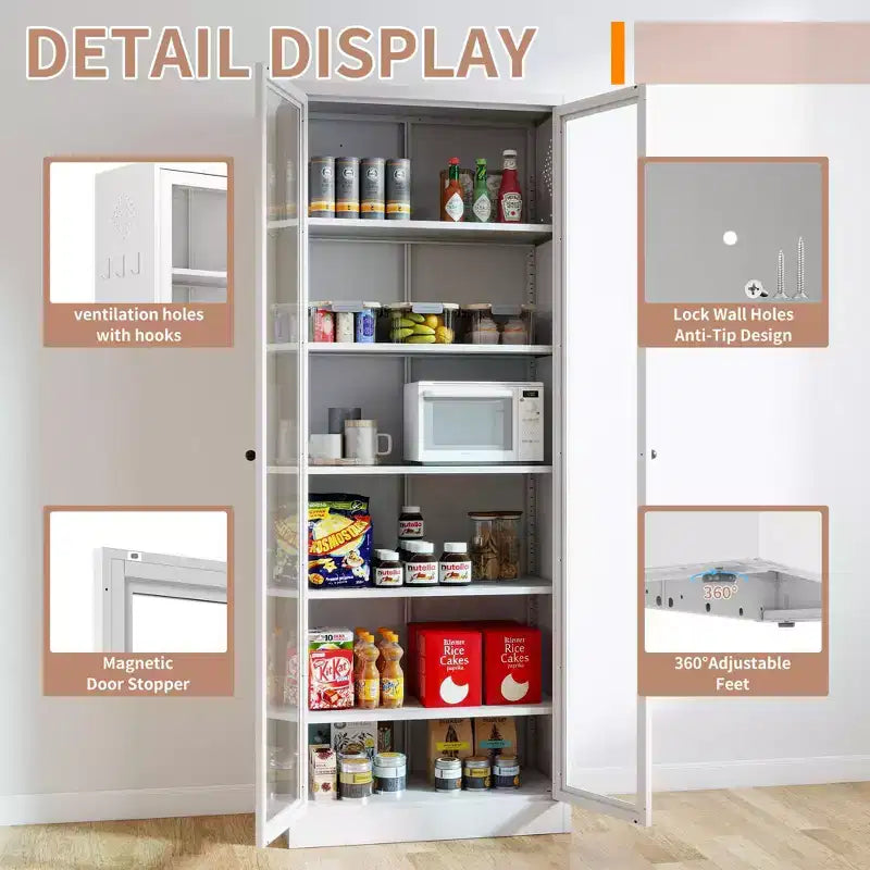 61 Freestanding Kitchen Pantry Cabinet, Adjustable Storage with 4 Shelves, Heavy Duty Metal Cupboard for Dining/Living Room