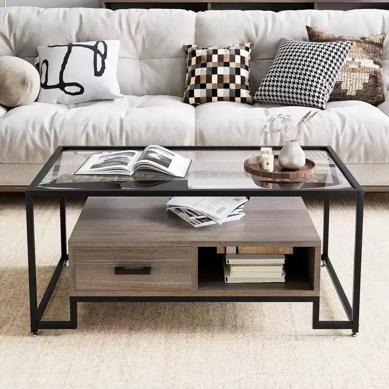 Rectangular Glass Coffee Table with 2 Drawers & Storage Shelf Vintage Center Table for Living Room