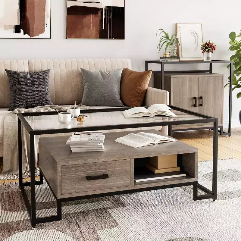 Rectangular Glass Coffee Table with 2 Drawers & Storage Shelf Vintage Center Table for Living Room