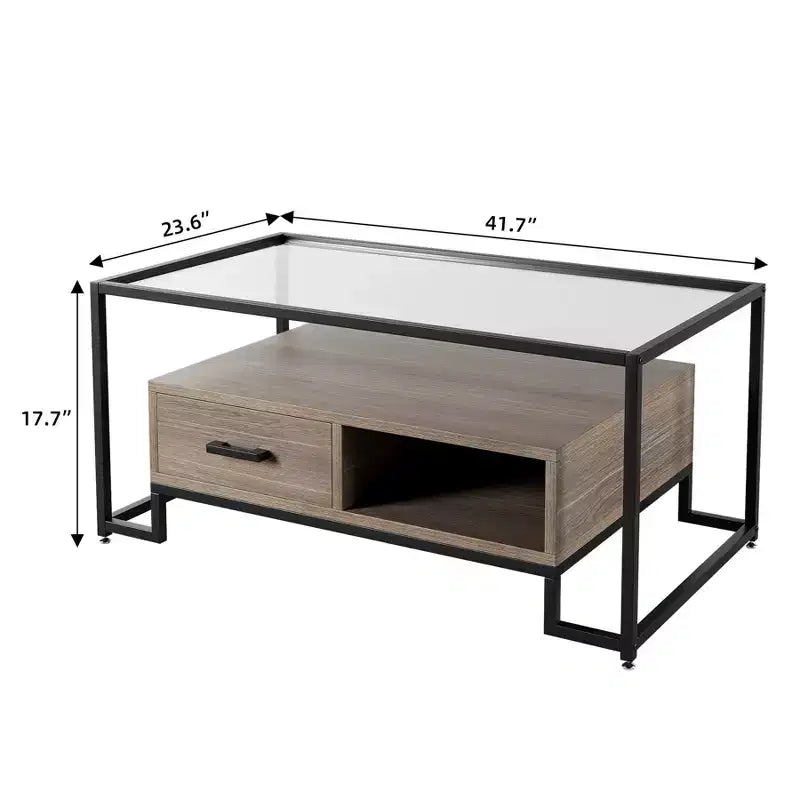 Rectangular Glass Coffee Table with 2 Drawers & Storage Shelf Vintage Center Table for Living Room