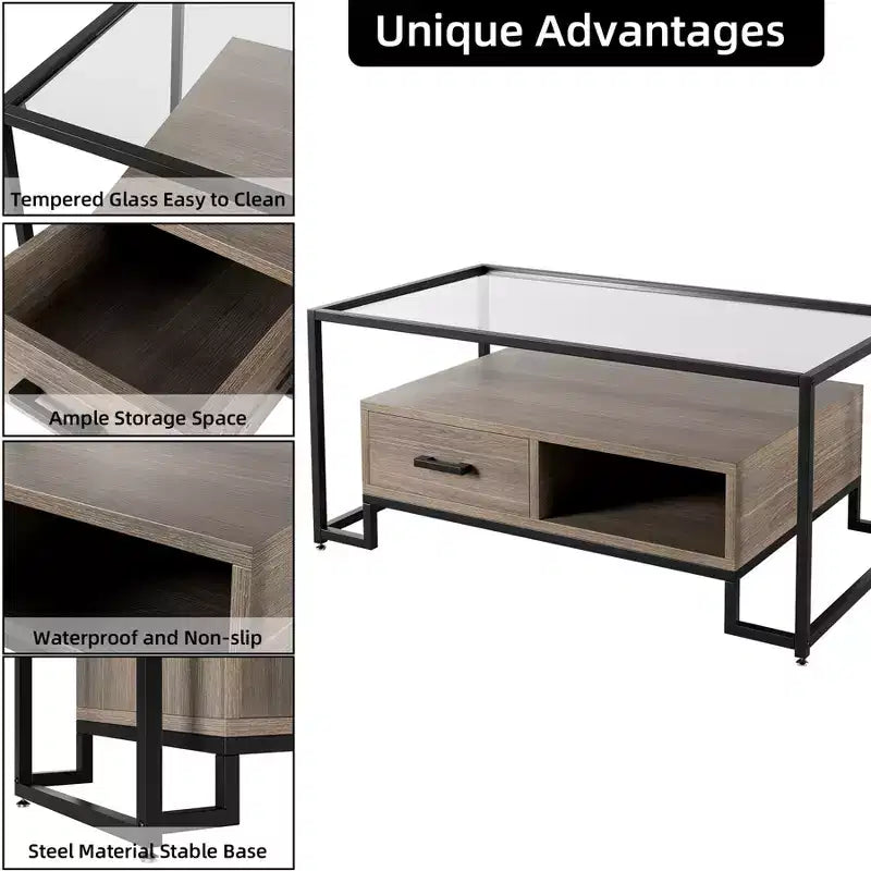 Rectangular Glass Coffee Table with 2 Drawers & Storage Shelf Vintage Center Table for Living Room