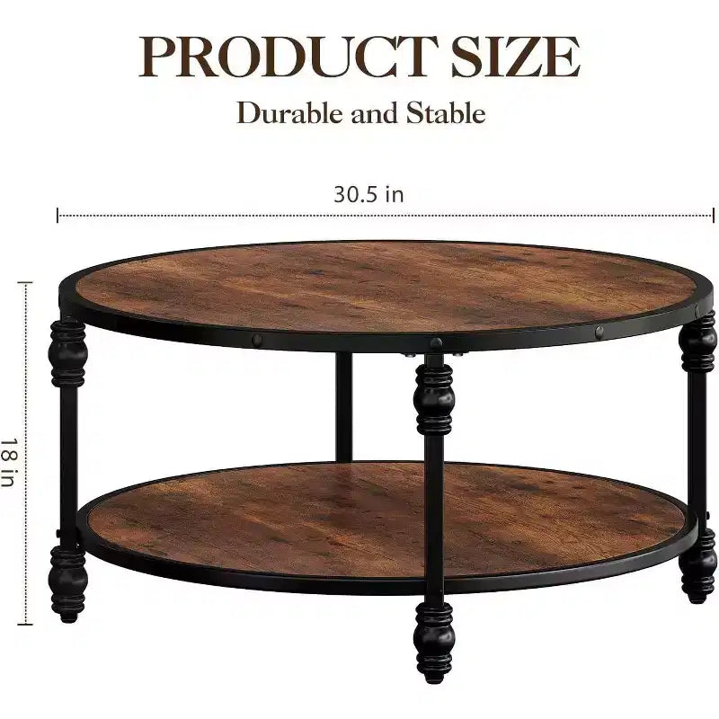 Round 2-Tier Rustic Coffee Table with Wood Top & Sturdy Roman Column Metal Legs, Easy Assembly Living Room Center Table