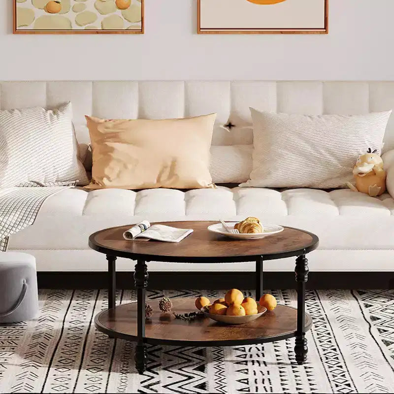 Round 2-Tier Rustic Coffee Table with Wood Top & Sturdy Roman Column Metal Legs, Easy Assembly Living Room Center Table