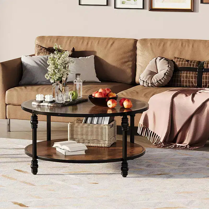 Round 2-Tier Rustic Coffee Table with Wood Top & Sturdy Roman Column Metal Legs, Easy Assembly Living Room Center Table