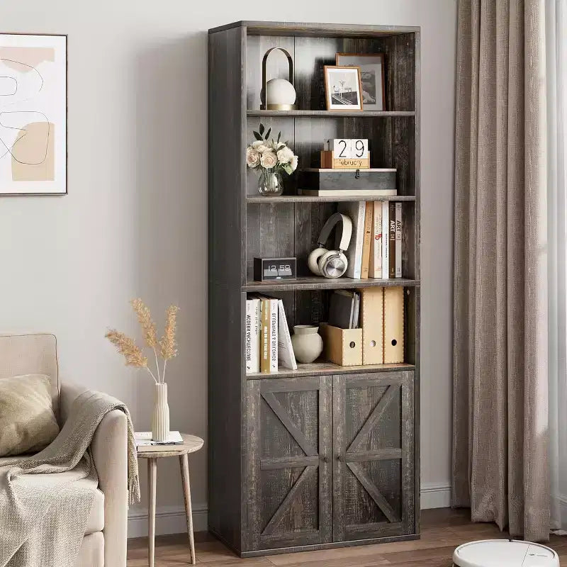 Industrial Oak Bookcase with Doors, 4-Shelf Storage Display, 71.4in Tall, 11.8in Depth, for Bedroom/Living Room/Home Office