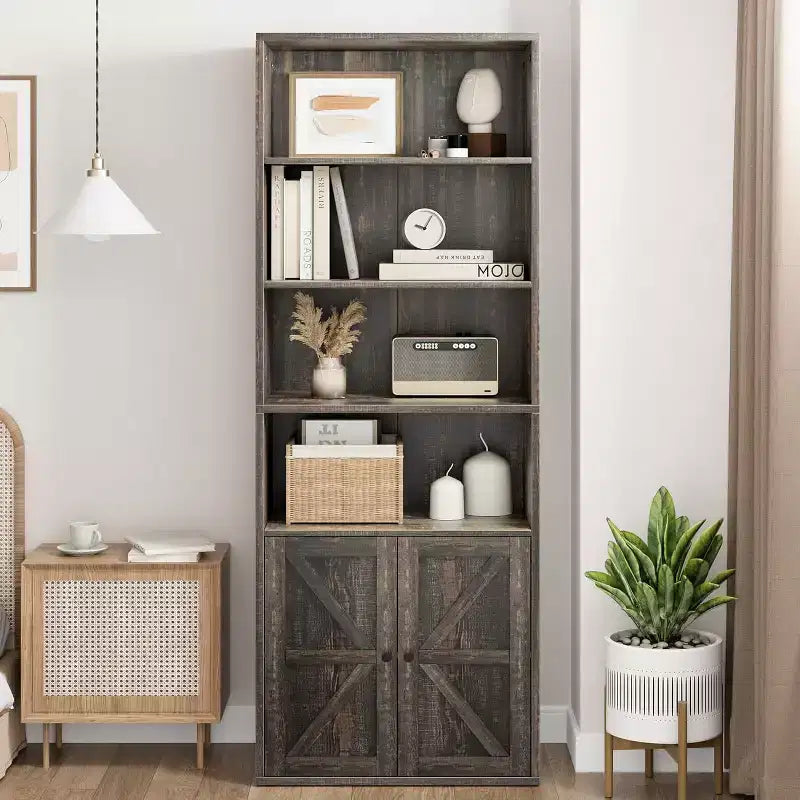 Industrial Oak Bookcase with Doors, 4-Shelf Storage Display, 71.4in Tall, 11.8in Depth, for Bedroom/Living Room/Home Office