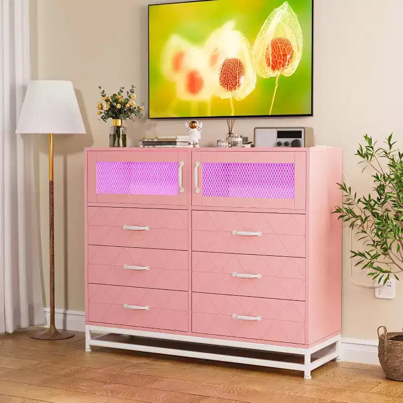 Comò a 8 cassetti con armadietto per camera da letto, cassettiera alta con stazione di ricarica, organizer per soggiorno, corridoio, armadio