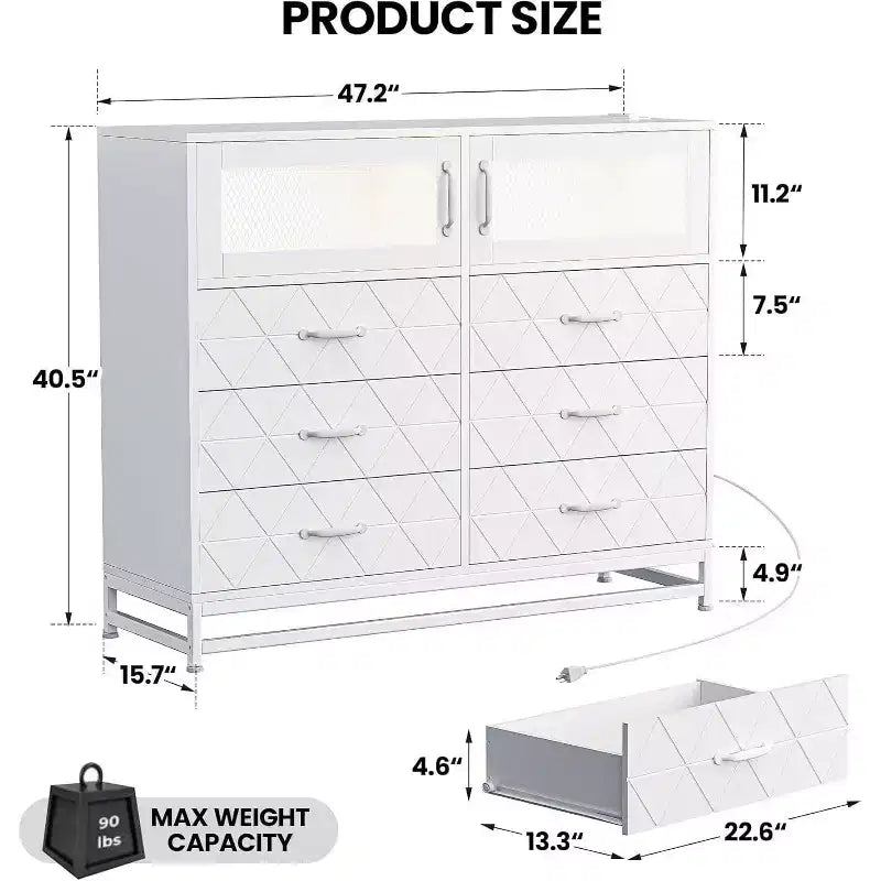 Comò a 8 cassetti con armadietto per camera da letto, cassettiera alta con stazione di ricarica, organizer per soggiorno, corridoio, armadio