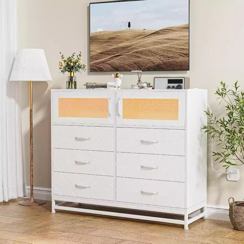 Comò a 8 cassetti con armadietto per camera da letto, cassettiera alta con stazione di ricarica, organizer per soggiorno, corridoio, armadio