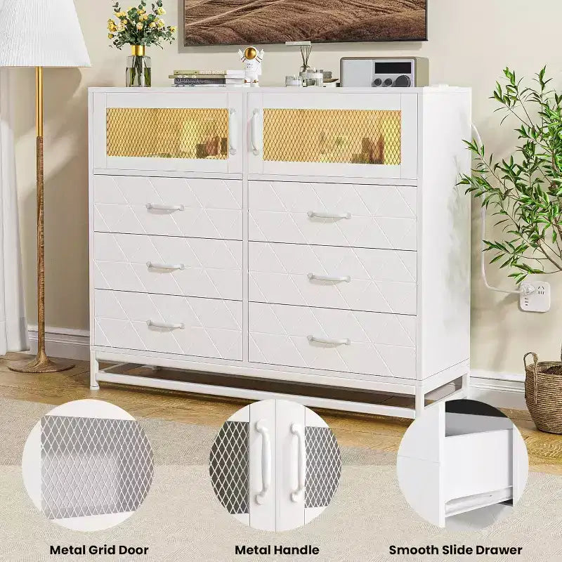 Comò a 8 cassetti con armadietto per camera da letto, cassettiera alta con stazione di ricarica, organizer per soggiorno, corridoio, armadio
