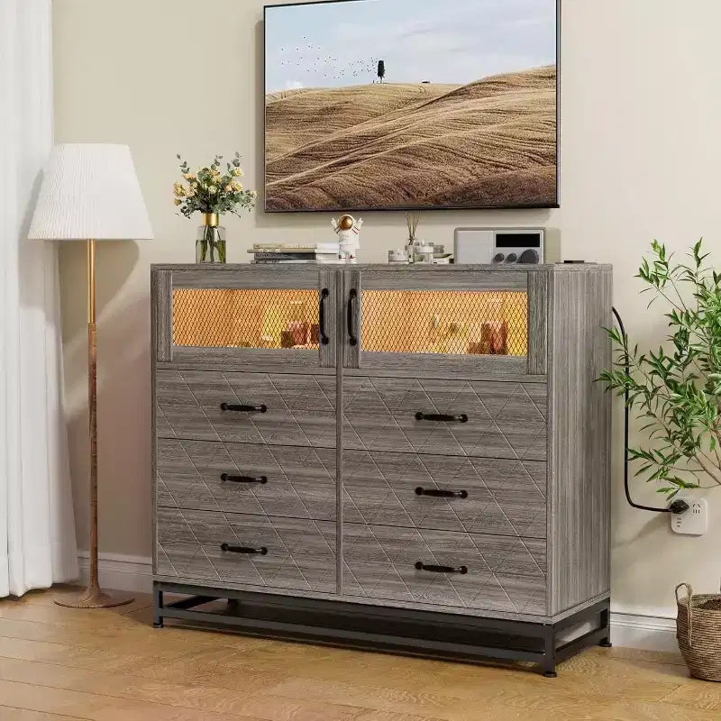 8 Drawer Dresser with Cabinet for Bedroom, Tall Storage Chest with Charging Station, Storage Organizer for Living Room, Hallway, Closet