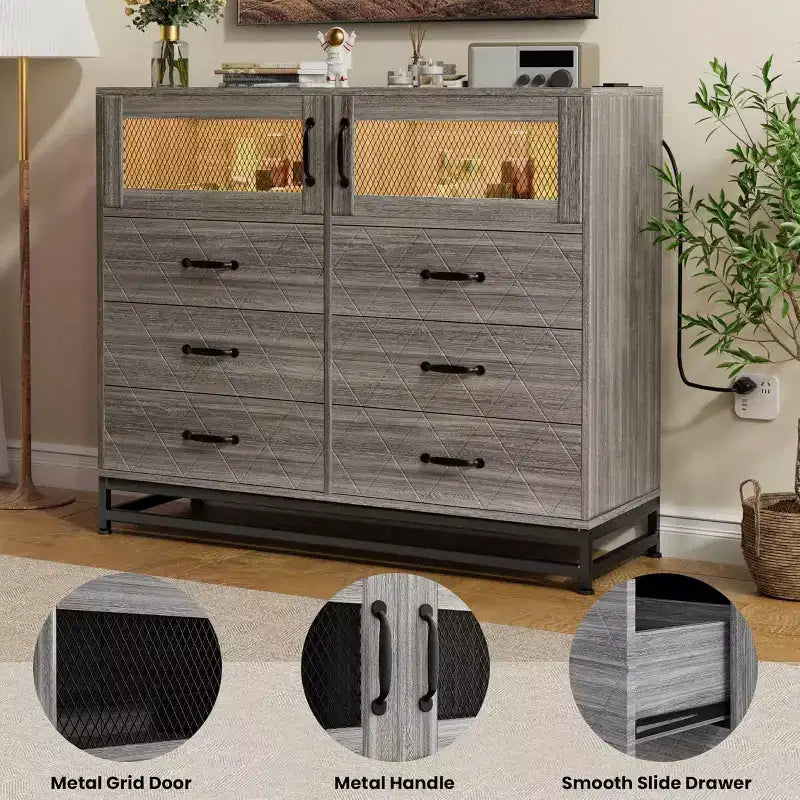 Comò a 8 cassetti con armadietto per camera da letto, cassettiera alta con stazione di ricarica, organizer per soggiorno, corridoio, armadio