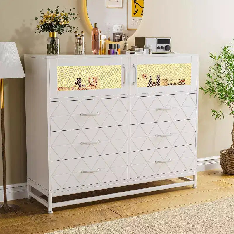 8 Drawer Dresser with Cabinet for Bedroom, Tall Storage Chest with Charging Station, Storage Organizer for Living Room, Hallway, Closet