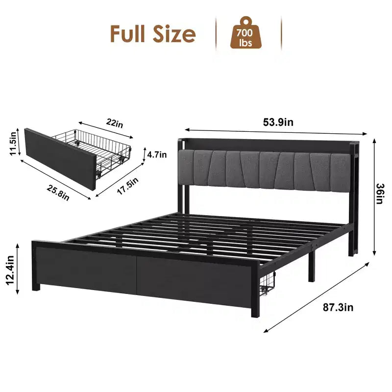 Queen Size Bed Frame with Upholstered Headboard, Storage Drawers and Charging Station