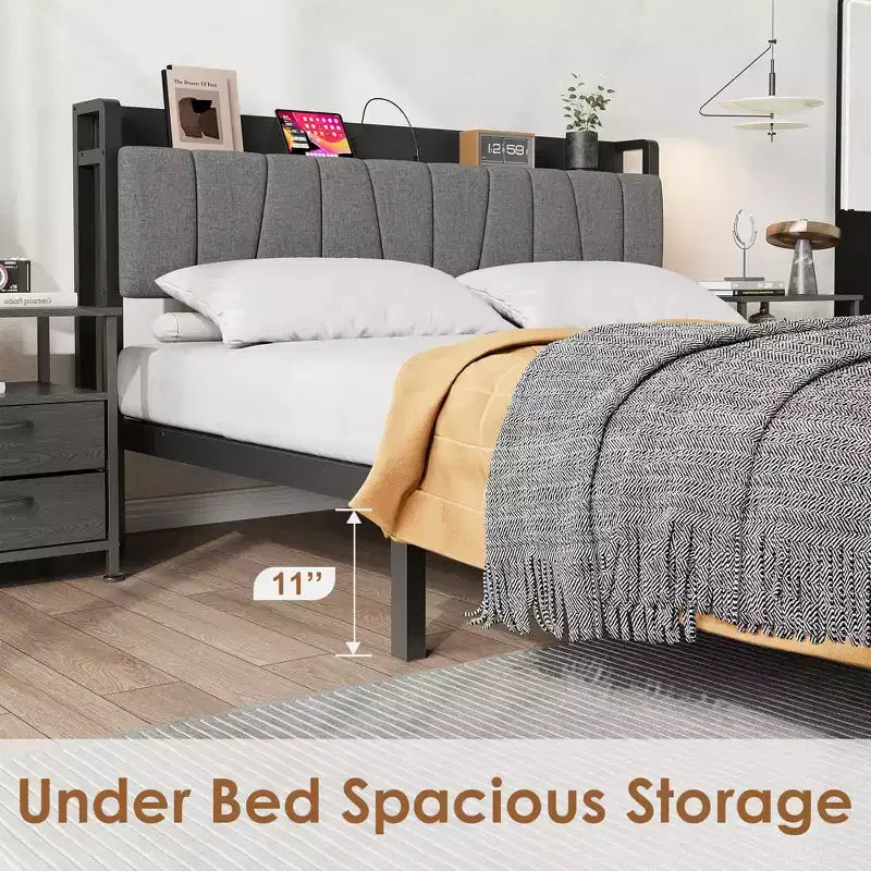 Queen Size Bed Frame with Upholstered Headboard, Storage Drawers and Charging Station