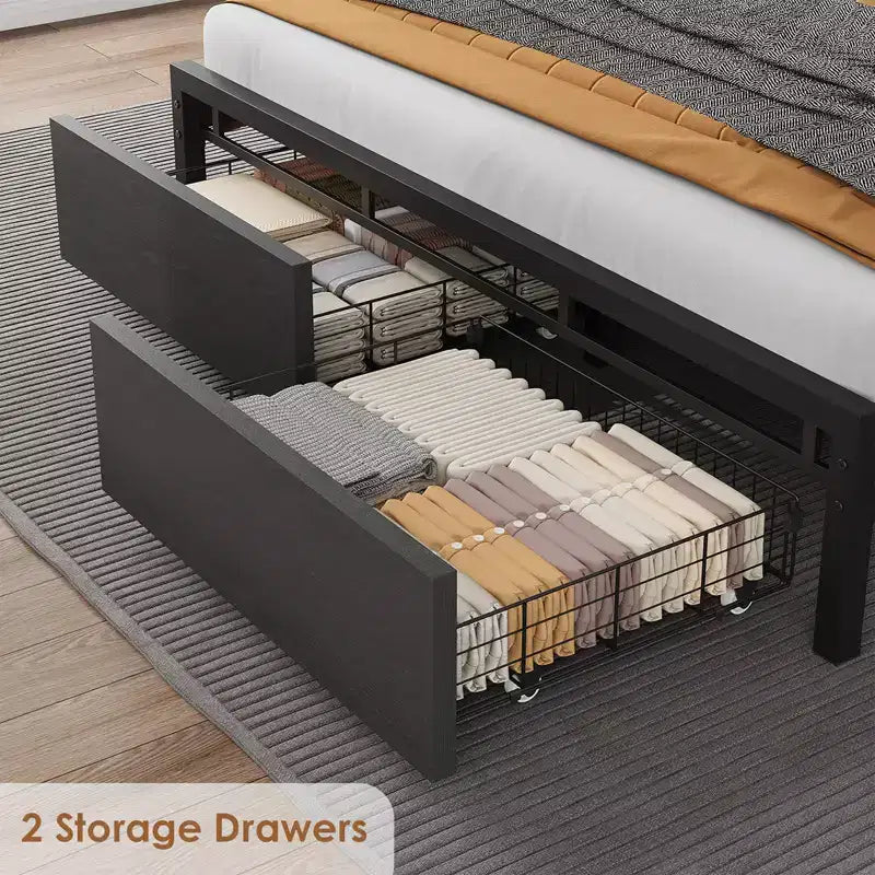 Queen Size Bed Frame with Upholstered Headboard, Storage Drawers and Charging Station