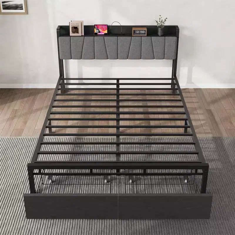 Queen Size Bed Frame with Upholstered Headboard, Storage Drawers and Charging Station
