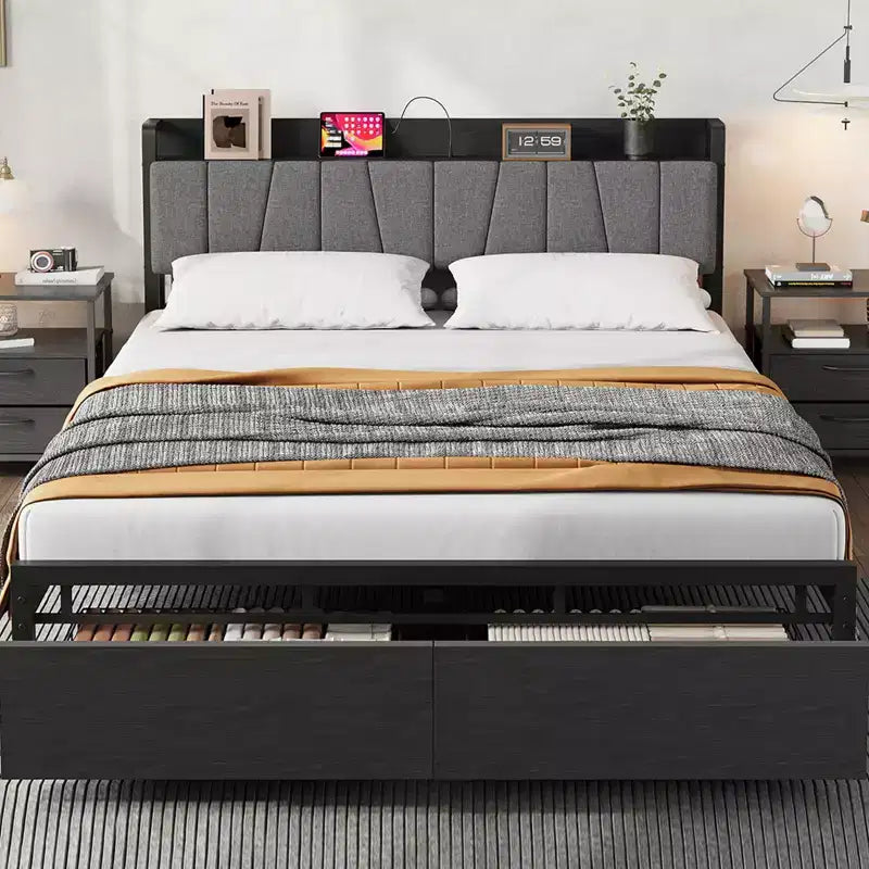 Queen Size Bed Frame with Upholstered Headboard, Storage Drawers and Charging Station