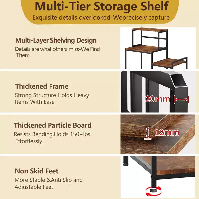 Mini Fridge Stand with Storage Shelf, 5-Tier Microwave Stand & Coffee Bar Organizer with Adjustable Shelves for Dorm, Apartment, Office