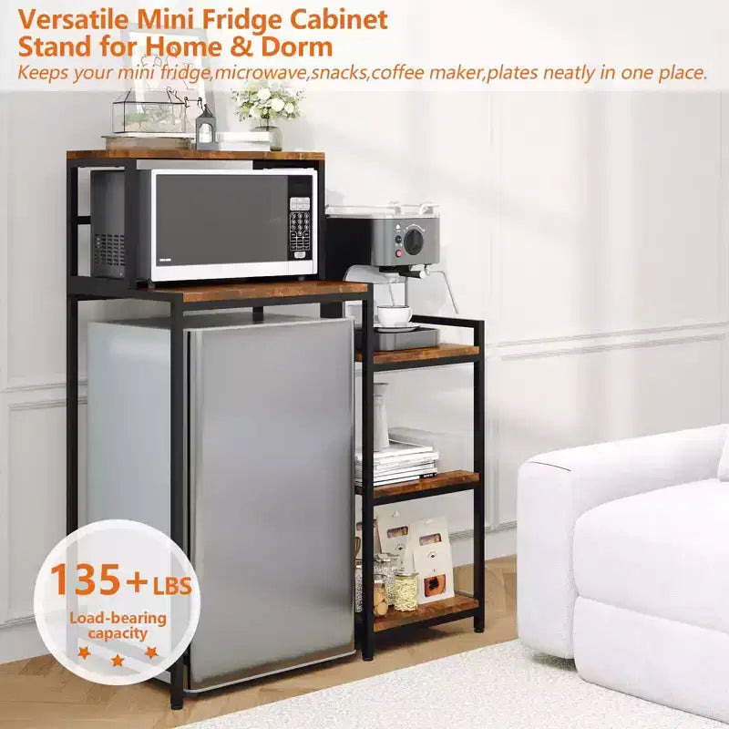 Mini Fridge Stand with Storage Shelf, 5-Tier Microwave Stand & Coffee Bar Organizer with Adjustable Shelves for Dorm, Apartment, Office