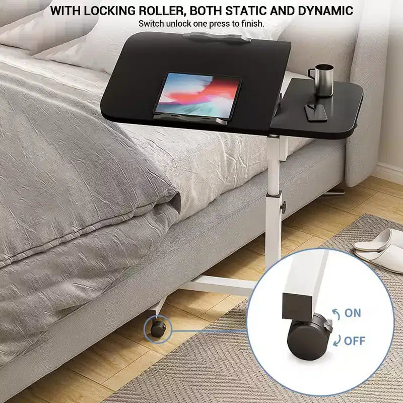 Overbed Table with Wheels, 23.6-37.4in Height Adjustable Over Bed Table Movable Rolling Bedside Table Standing Desk Bed Table for Home Office