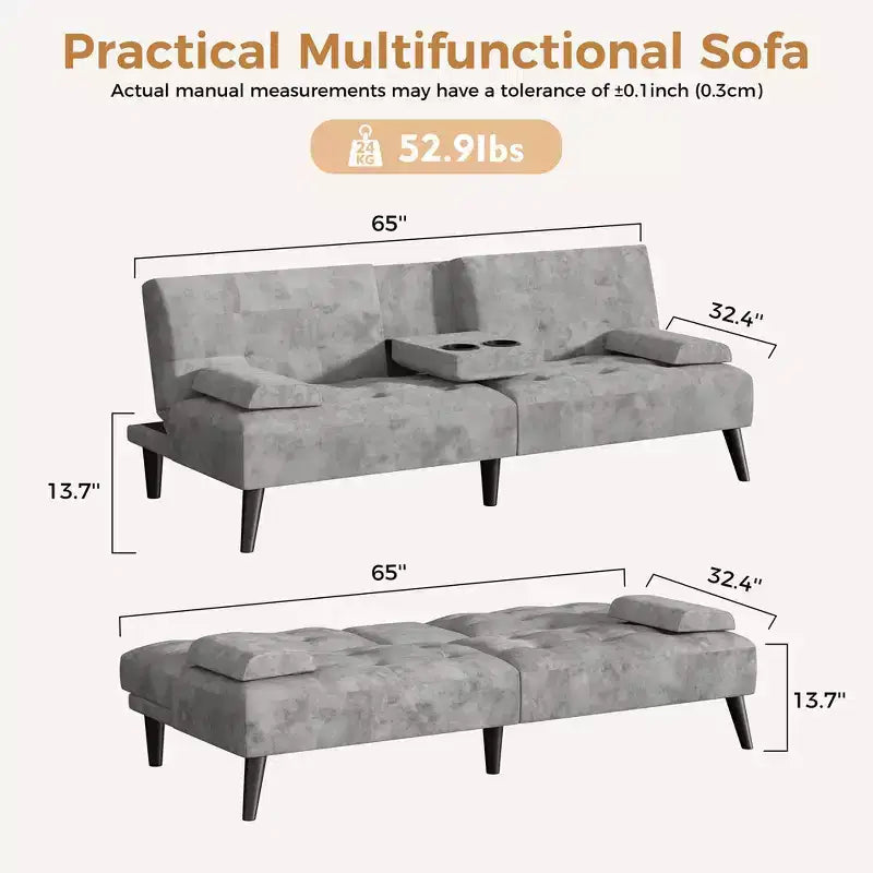 Divano Letto Futon Convertibile, Divano Piccolo Reclinabile, Divano Letto a 64 Posizioni Regolabili per Soggiorno, Bracciolo Rimovibile