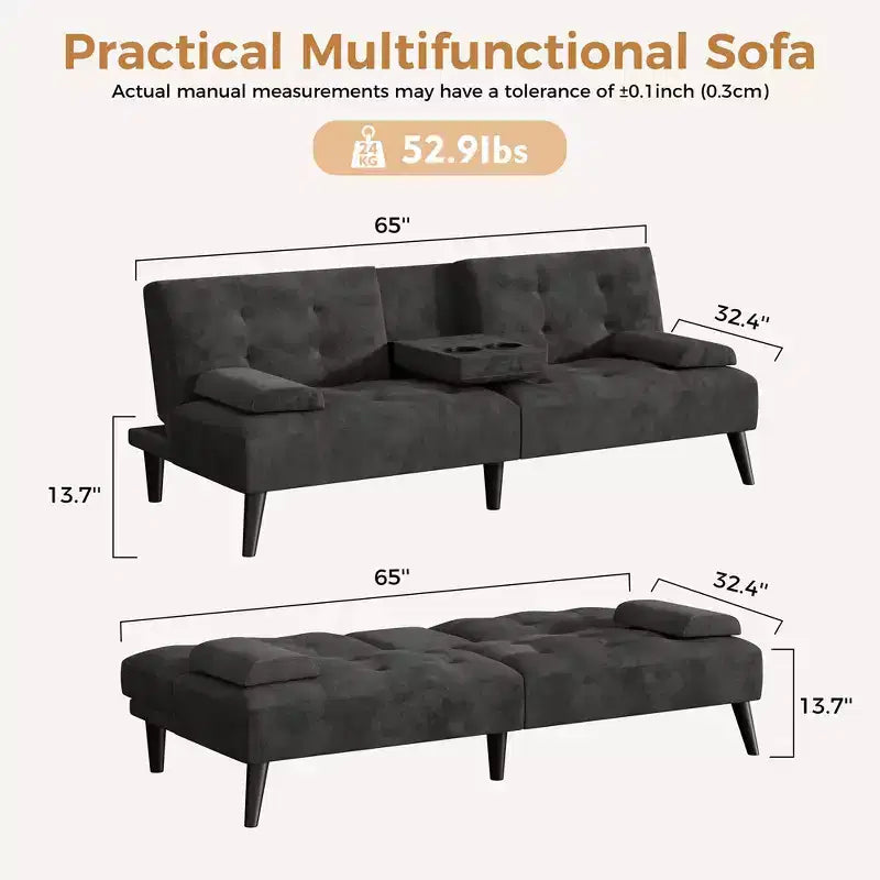Convertible Futon Sofa Bed Couch, Small Sofa Couch Recliner, 64 Adjustable Sleeper Sofa Bed for Living Room, Removable Armrest
