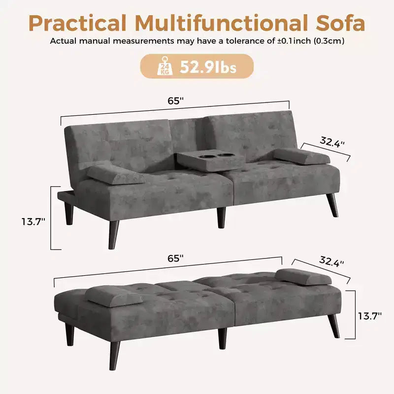 Divano Letto Futon Convertibile, Divano Piccolo Reclinabile, Divano Letto a 64 Posizioni Regolabili per Soggiorno, Bracciolo Rimovibile