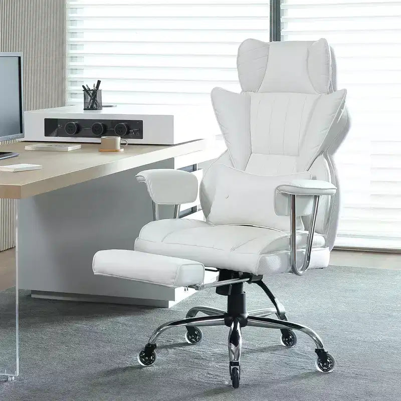 Reclining Office Chair with Footrest, Heavy Duty PU Leather Wide Office Chair, Big and Tall Executive Office Chairs with Lumbar Support, White