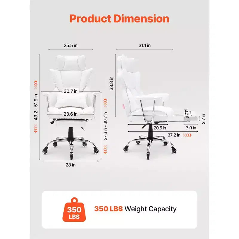 Reclining Office Chair with Footrest, Heavy Duty PU Leather Wide Office Chair, Big and Tall Executive Office Chairs with Lumbar Support, White