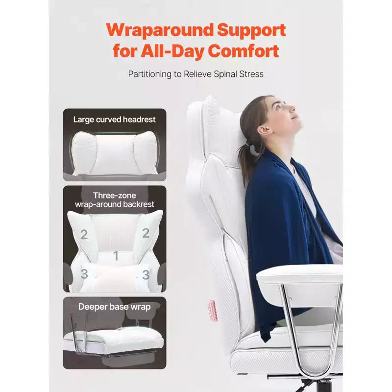 Reclining Office Chair with Footrest, Heavy Duty PU Leather Wide Office Chair, Big and Tall Executive Office Chairs with Lumbar Support, White