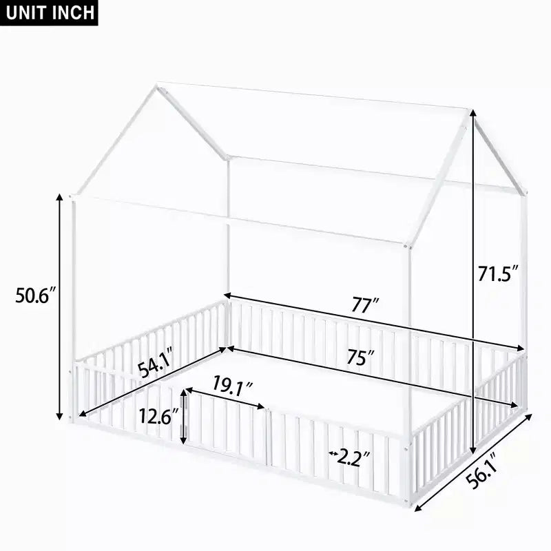 Metal House Bed with Fence and Door for Kids's Room, White