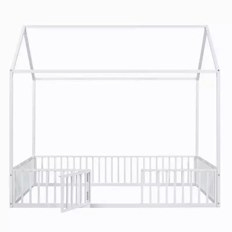 Letto a capanna in metallo per bambini con recinzione e porta, bianco