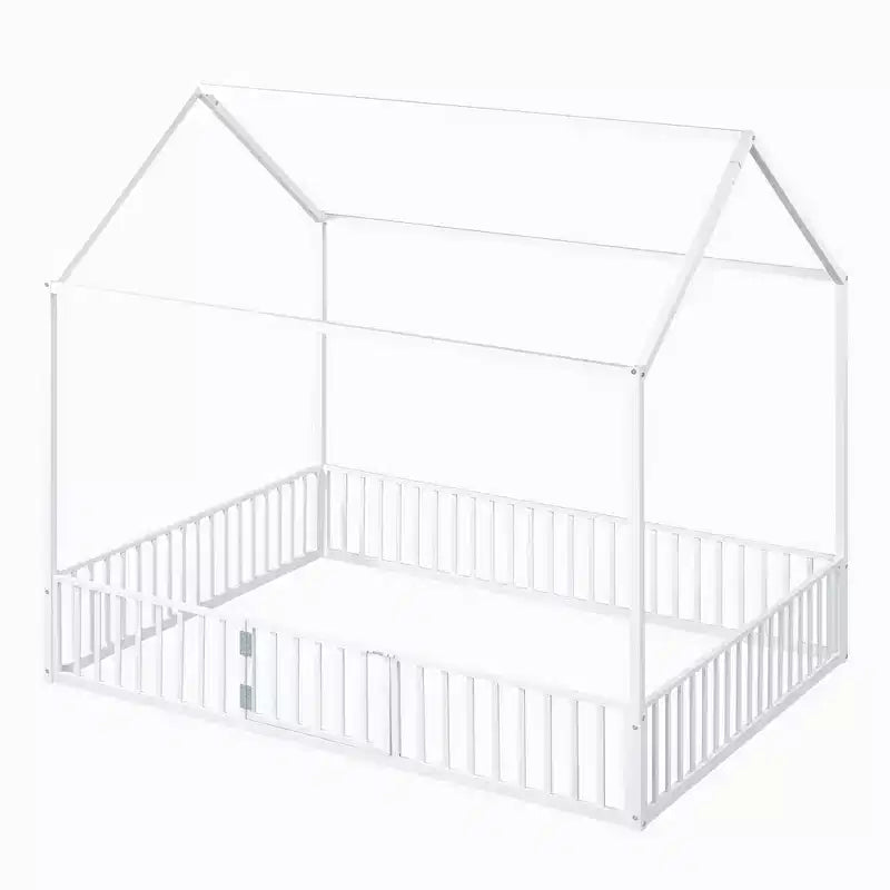 Metal House Bed with Fence and Door for Kids's Room, White
