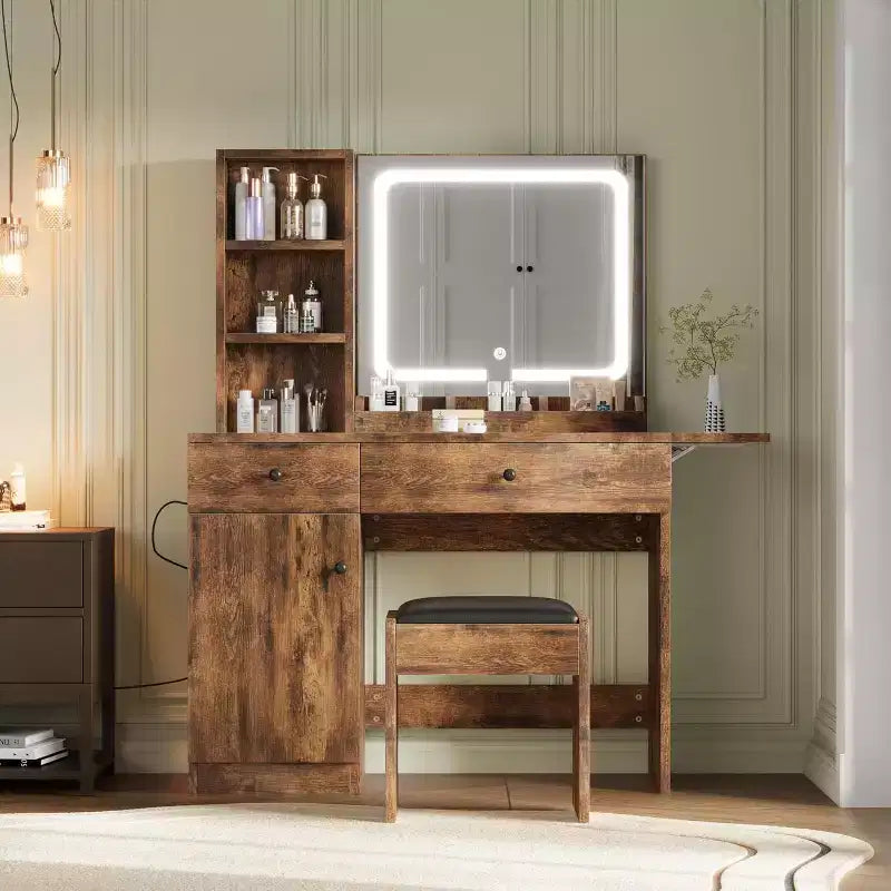 Toeletta Trucchi con Specchio e Luci, Set Toeletta con Cassetto e Presa di Corrente, Sedia e 3 Scaffali, Camera da Letto
