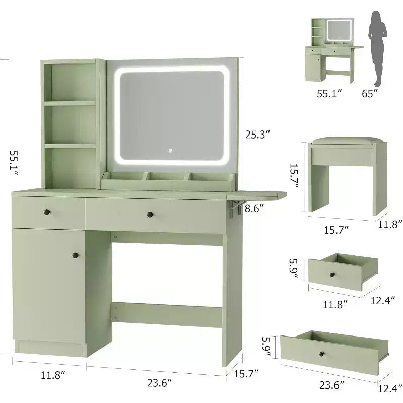 Toeletta Trucchi con Specchio e Luci, Set Toeletta con Cassetto e Presa di Corrente, Sedia e 3 Scaffali, Camera da Letto