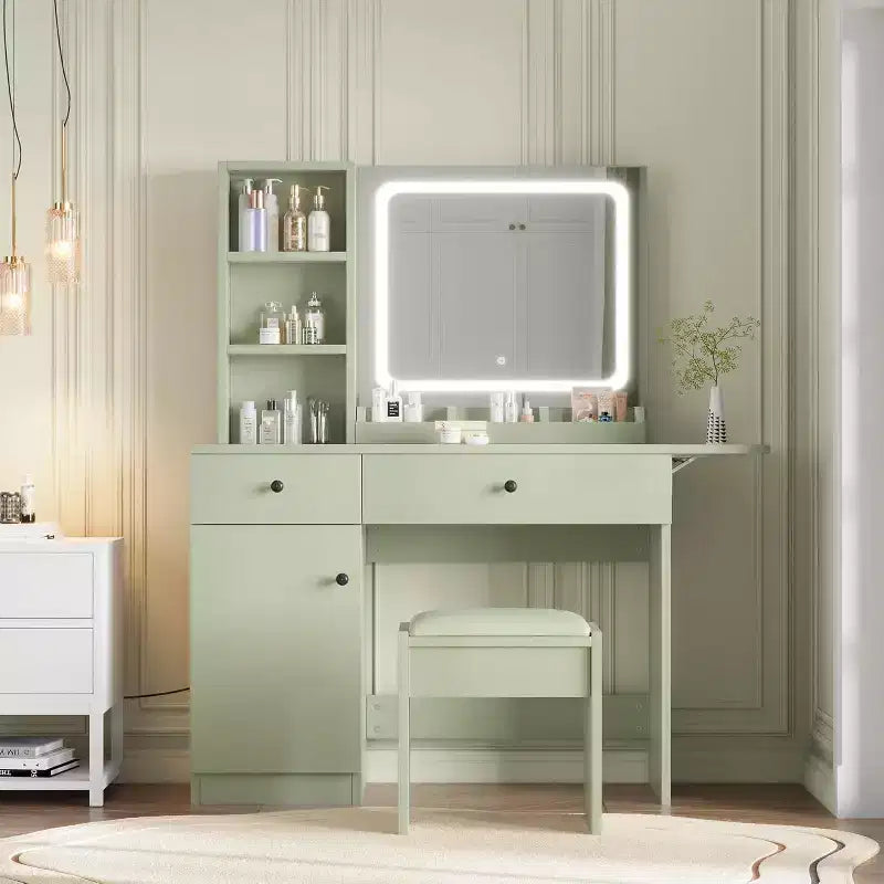 Toeletta Trucchi con Specchio e Luci, Set Toeletta con Cassetto e Presa di Corrente, Sedia e 3 Scaffali, Camera da Letto