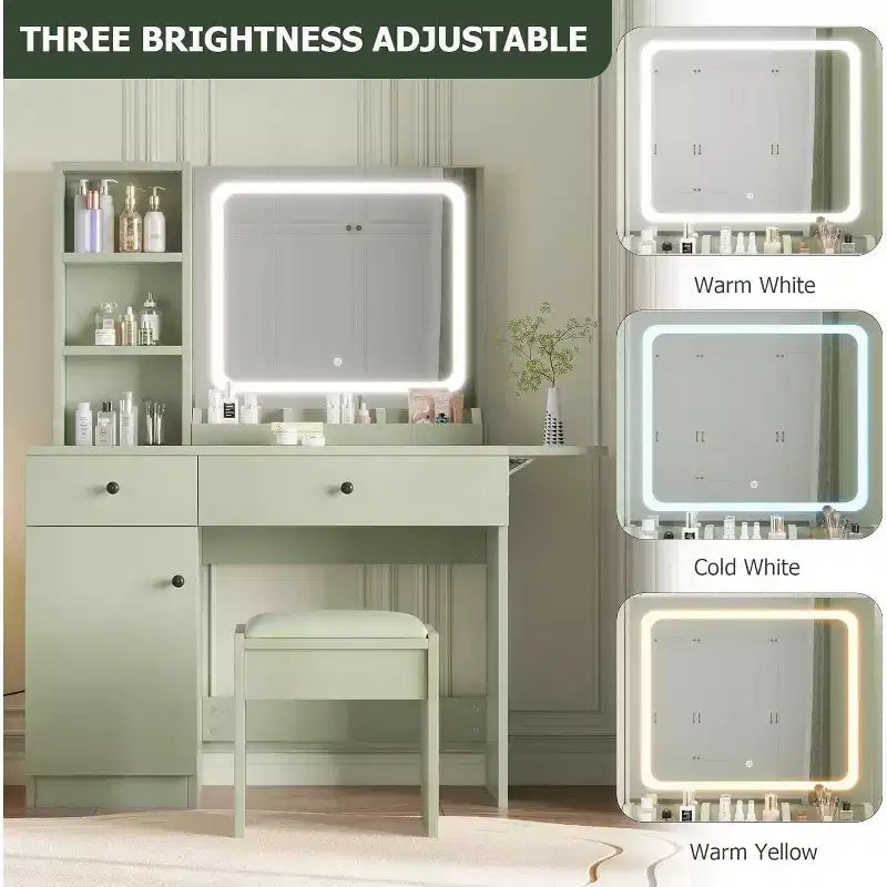 Toeletta Trucchi con Specchio e Luci, Set Toeletta con Cassetto e Presa di Corrente, Sedia e 3 Scaffali, Camera da Letto