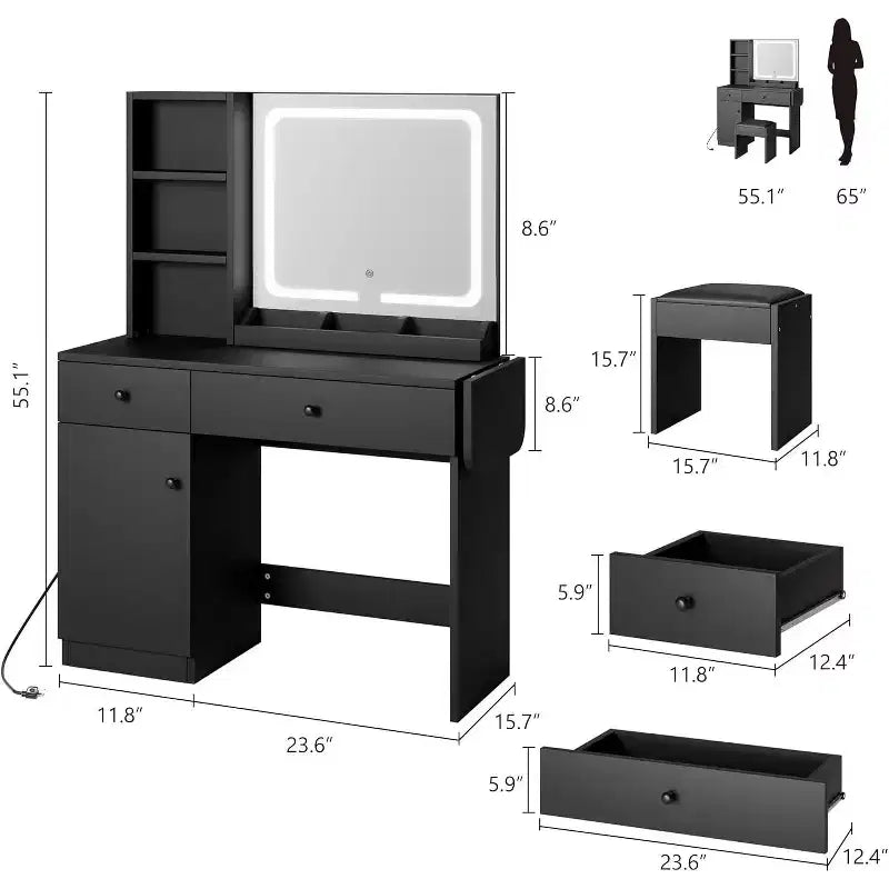 Makeup Vanity Desk with Mirror and Lights, Vanity Table Set with Drawer & Power Outlet Storage Chair & 3 Shelves, Bedroom