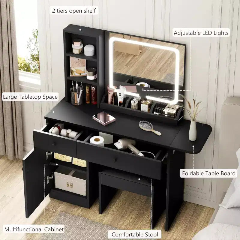 Makeup Vanity Desk with Mirror and Lights, Vanity Table Set with Drawer & Power Outlet Storage Chair & 3 Shelves, Bedroom